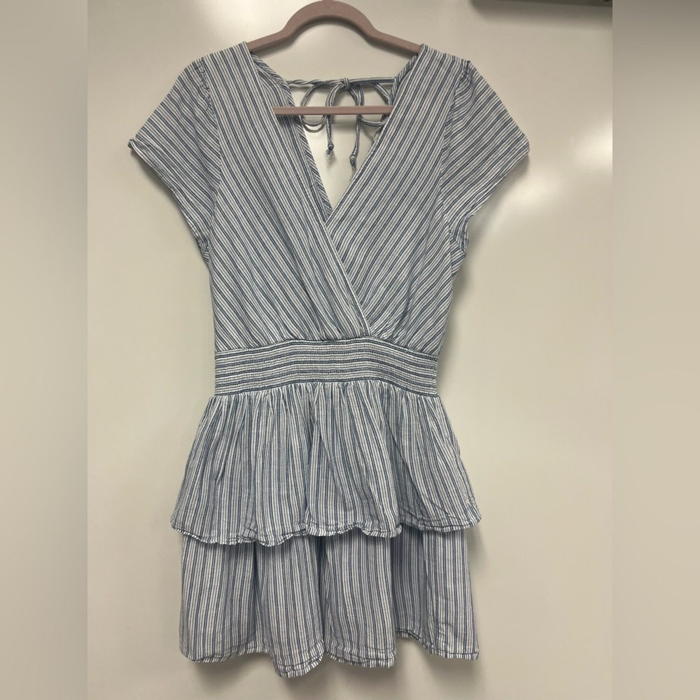 American Eagle Blue and White Cotton Linen Striped Mini Ruffled Dress Size M - Picture 2 of 9